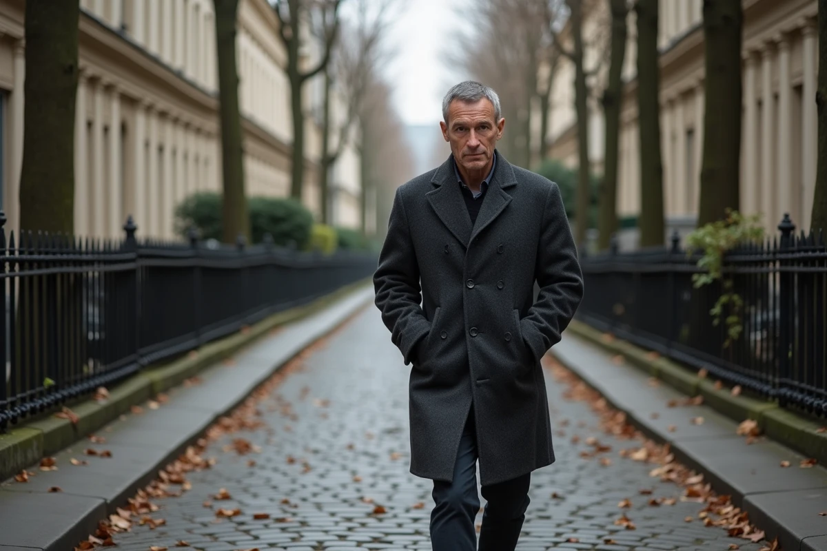 Acteur français marchant seul dans une rue pavée parisienne sous les platanes en automne, allure discrète et naturelle