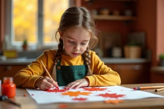Fillette de 7 ans faisant des empreintes de feuilles d'automne avec de la peinture lors d'une activité manuelle saisonnière