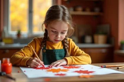 Fillette de 7 ans faisant des empreintes de feuilles d'automne avec de la peinture lors d'une activité manuelle saisonnière