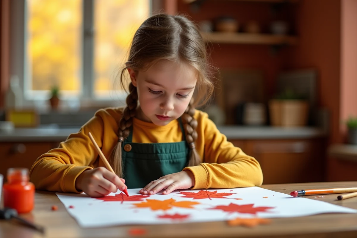 Fillette de 7 ans faisant des empreintes de feuilles d'automne avec de la peinture lors d'une activité manuelle saisonnière