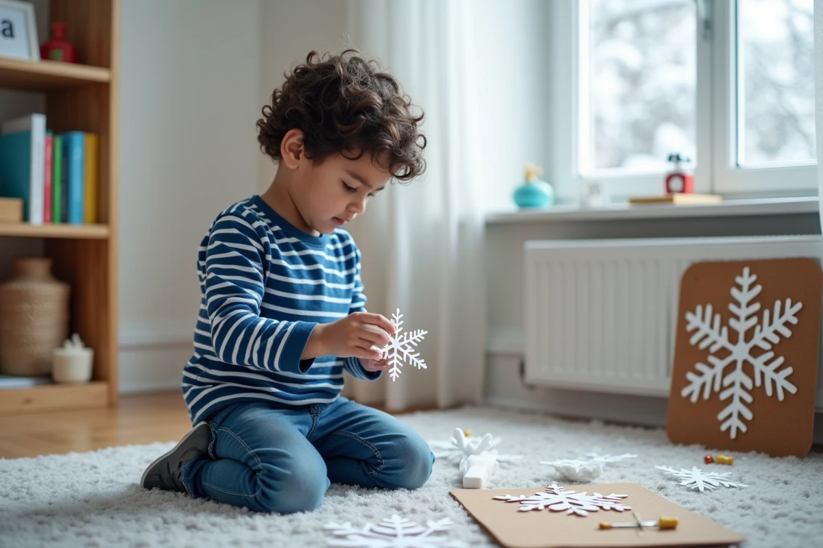 Garçon de 6 ans réalisant des flocons de neige en papier découpé comme activité manuelle hivernale à la maison