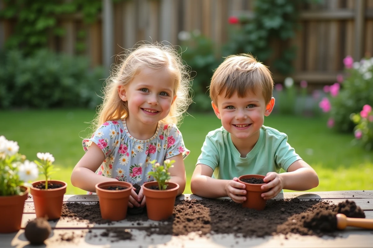 Deux enfants de 7 et 8 ans qui plantent des graines dans des petits pots en terre cuite lors d'une activité manuelle printanière au jardin