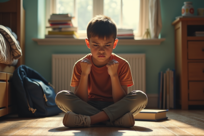 Adolescent frustré dans sa chambre avec sac et livres