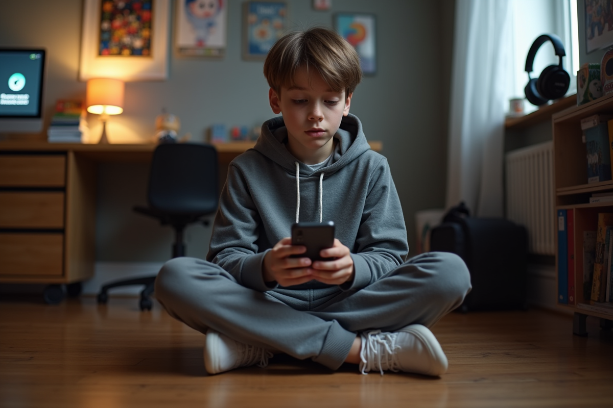 Adolescent regardant son smartphone avec notification de limite