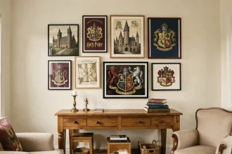 Galerie murale de posters Harry Potter encadrés dans un salon décoré avec des cadres en bois et des tons chauds