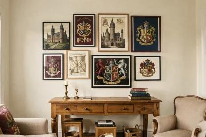 Galerie murale de posters Harry Potter encadrés dans un salon décoré avec des cadres en bois et des tons chauds