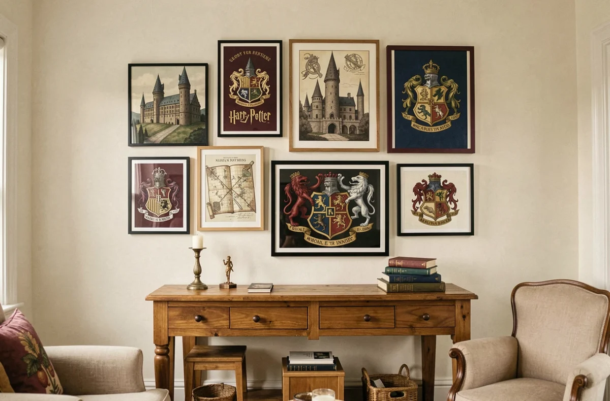 Galerie murale de posters Harry Potter encadrés dans un salon décoré avec des cadres en bois et des tons chauds