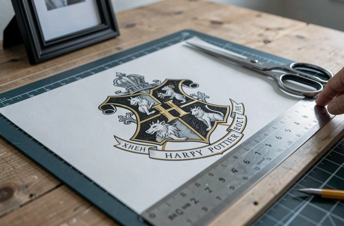 Gros plan sur une affiche Harry Potter imprimée en cours de découpe sur un plan de travail avec des outils de cadrage