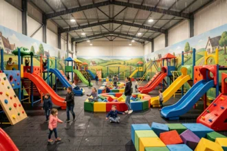 Vue d'ensemble d'une aire de jeux couverte en Normandie avec structures colorées et familles en train de jouer