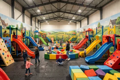 Vue d'ensemble d'une aire de jeux couverte en Normandie avec structures colorées et familles en train de jouer