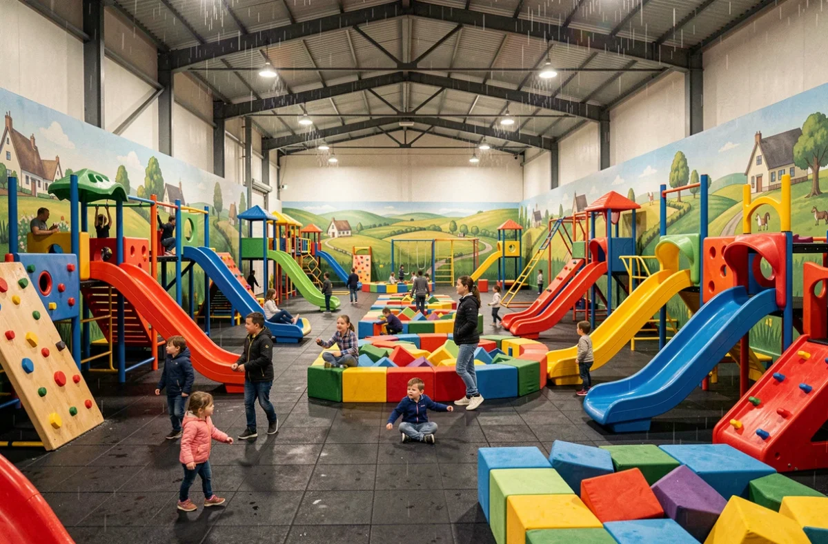 Vue d'ensemble d'une aire de jeux couverte en Normandie avec structures colorées et familles en train de jouer