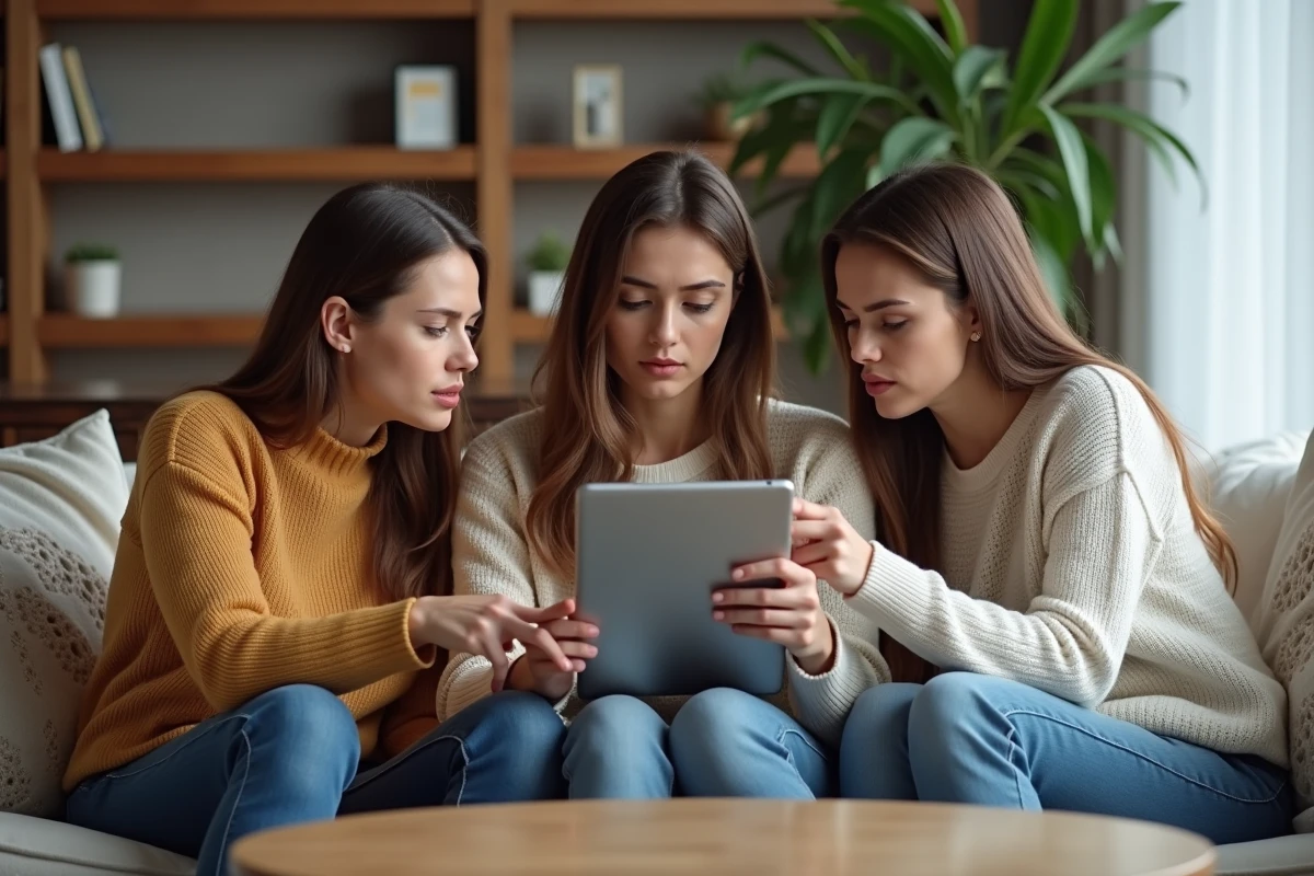 Groupe de femmes discutant de rumeurs sur une célébrité autour d'une tablette dans un appartement