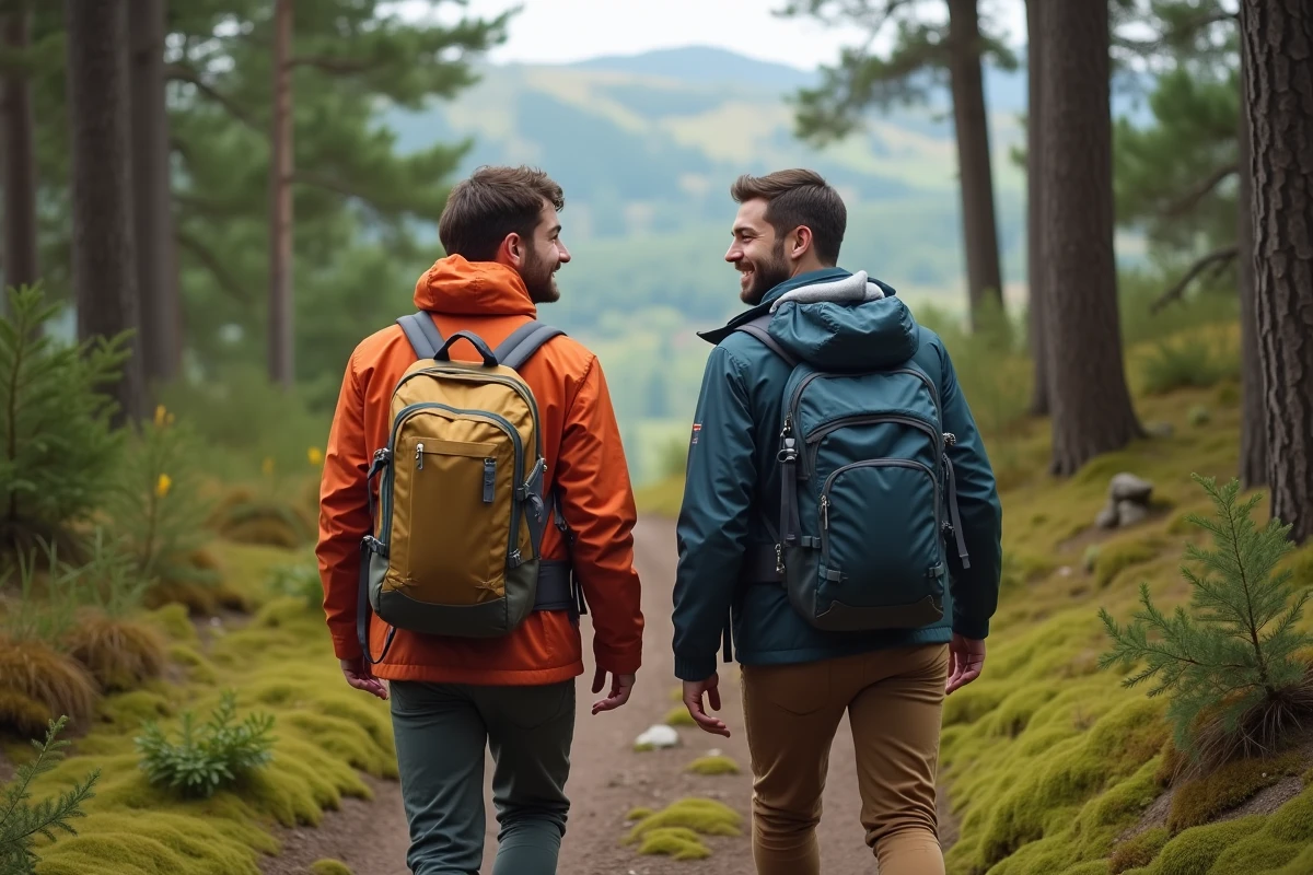 Deux hommes randonneurs souriants en forêt lors d