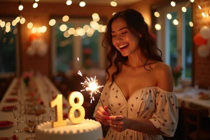 Jeune femme de 18 ans soufflant les bougies lors d'une soirée anniversaire festive avec bokeh de guirlandes lumineuses