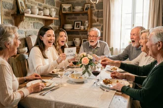 Jeune femme annonçant sa grossesse à sa famille réunie autour d'un repas dominical dans une salle à manger rustique