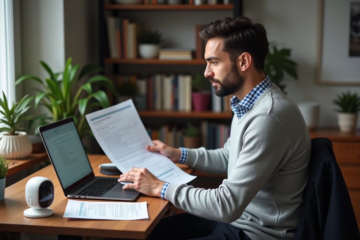 Autoentrepreneur consultant des documents administratifs liés au congé paternité dans son bureau à domicile