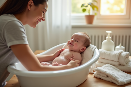 Parent souriant lavant un nouveau-né dans une petite baignoire