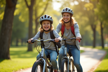 Parent souriant avec enfant en siège vélo sur fond de parc ensoleille
