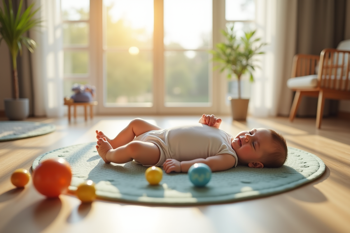 Bébé allongé sur un tapis coloré dans le salon