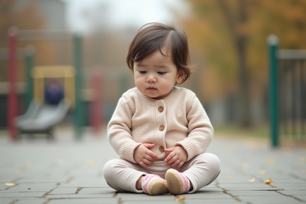 Bébé fille assise dans un parc avec jouets et nature