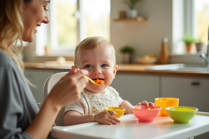 Bébé souriant dans une chaise haute mangeant des carottes