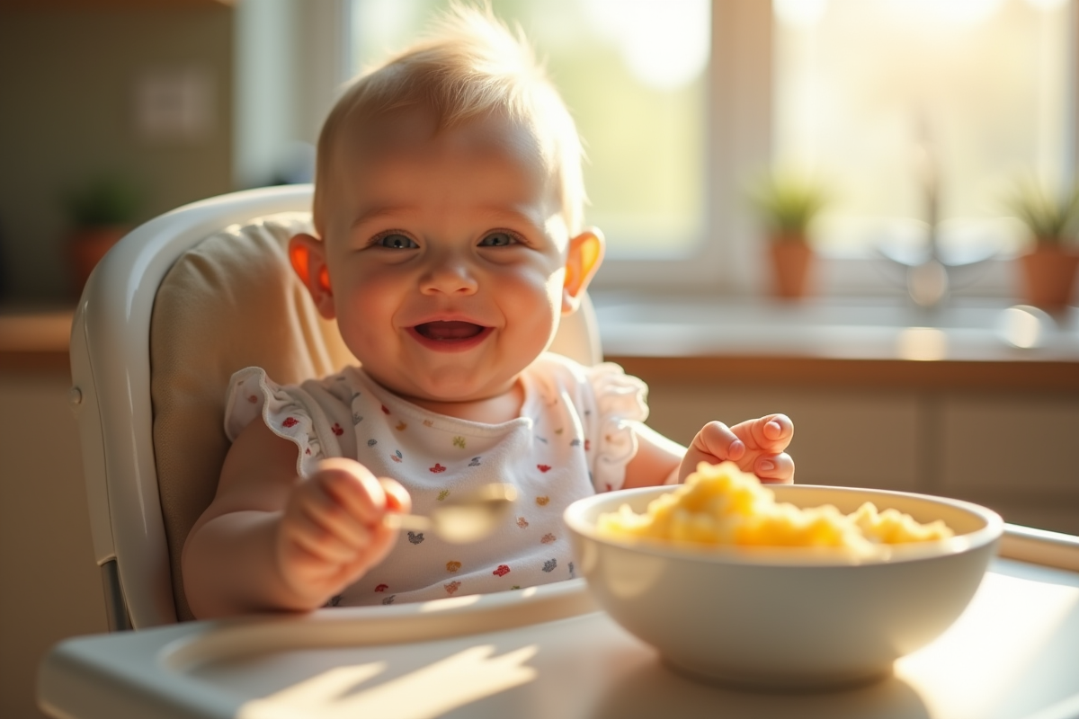 Bébé souriant dans une chaise haute avec une cuillère et un bol de compote de pomme