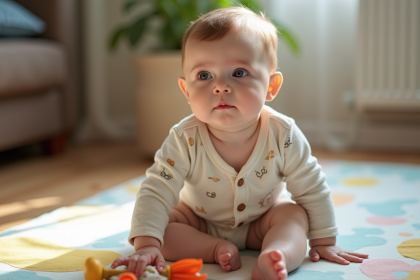 B&eacute;b&eacute; gar&ccedil;on assis sur tapis color&eacute; dans un salon chaleureux