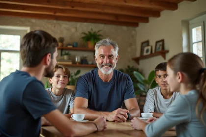 Père de famille et ses fils adolescents et jeunes adultes réunis autour d'une grande table en bois dans une maison française chaleureuse
