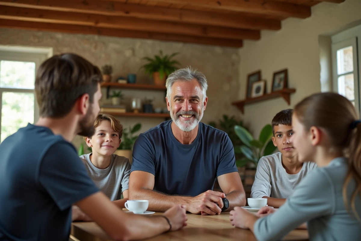 Père de famille et ses fils adolescents et jeunes adultes réunis autour d'une grande table en bois dans une maison française chaleureuse