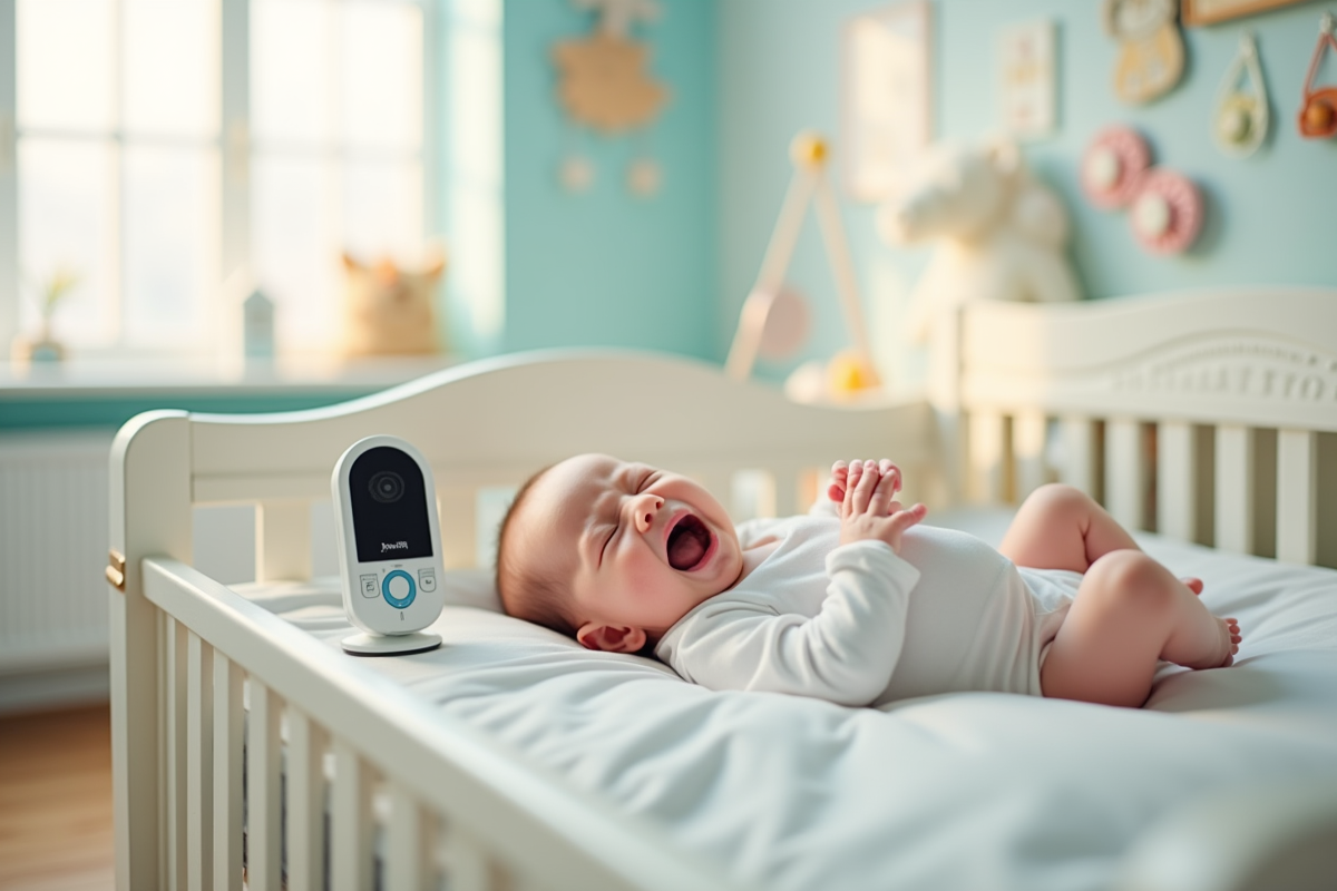 Bébé dans un berceau blanc avec moniteur dans une chambre lumineuse