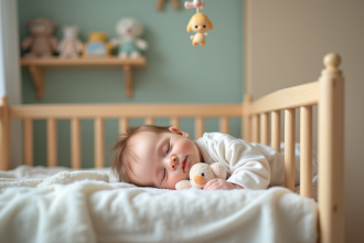 Bebe fille en pyjama coton dans un berceau en bois