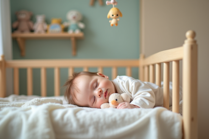 Bebe fille en pyjama coton dans un berceau en bois
