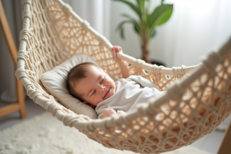 Bébé heureux dans un hamac en bois naturel