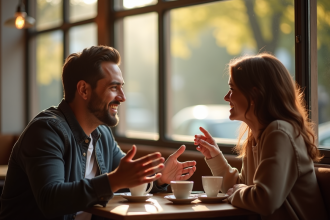 Deux personnes discutent dans un café chaleureux ambiance conviviale