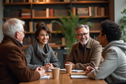 Quatre adultes divers en conversation chaleureuse dans un café
