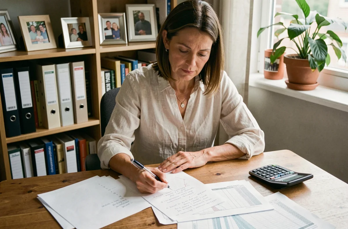 Femme calculant le coût horaire d'une garde d'enfants à domicile avec des notes manuscrites et une calculatrice sur un bureau