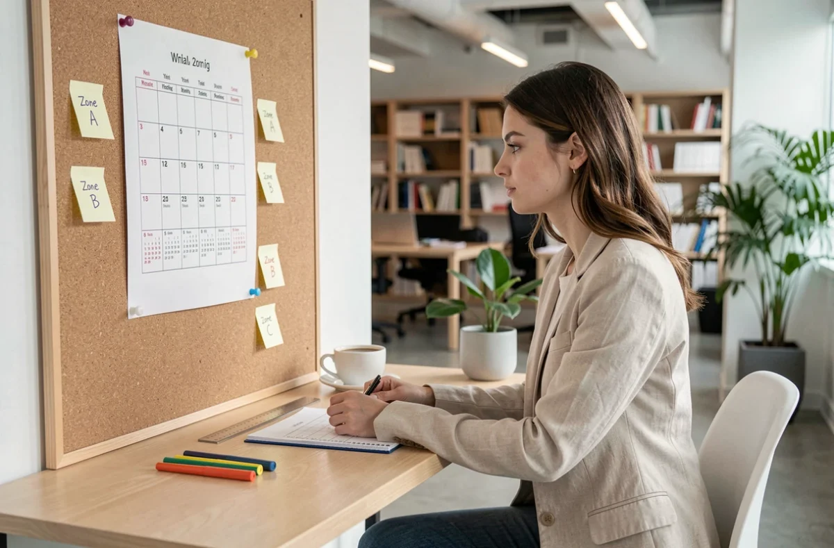 Jeune femme consultant un calendrier des vacances scolaires 2026 2027 avec les zones A B et C