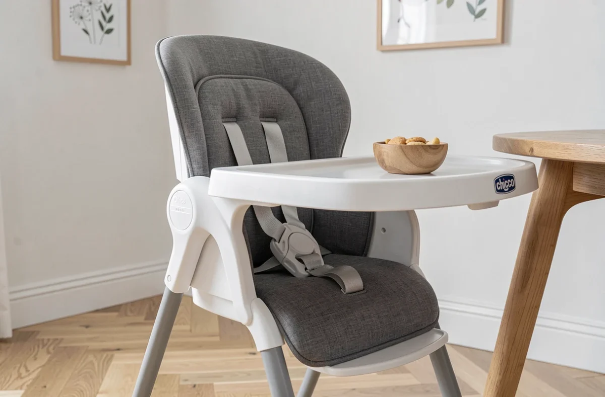 Chaise haute Chicco Polly Magic 3 en 1 en configuration chaise bébé dans un intérieur scandinave moderne