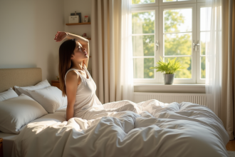 Chambre paisible au matin avec lit douillet et verdure