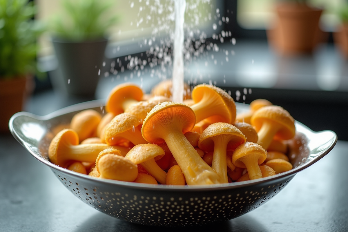 Chanterelles dans une passoire sous un filet d
