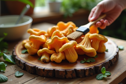 Champignons chanterelle fraîchement ramassés en train d'être nettoyés sur une table en bois