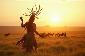 Chasseur indigene sud-americain lançant des bolas dans la prairie