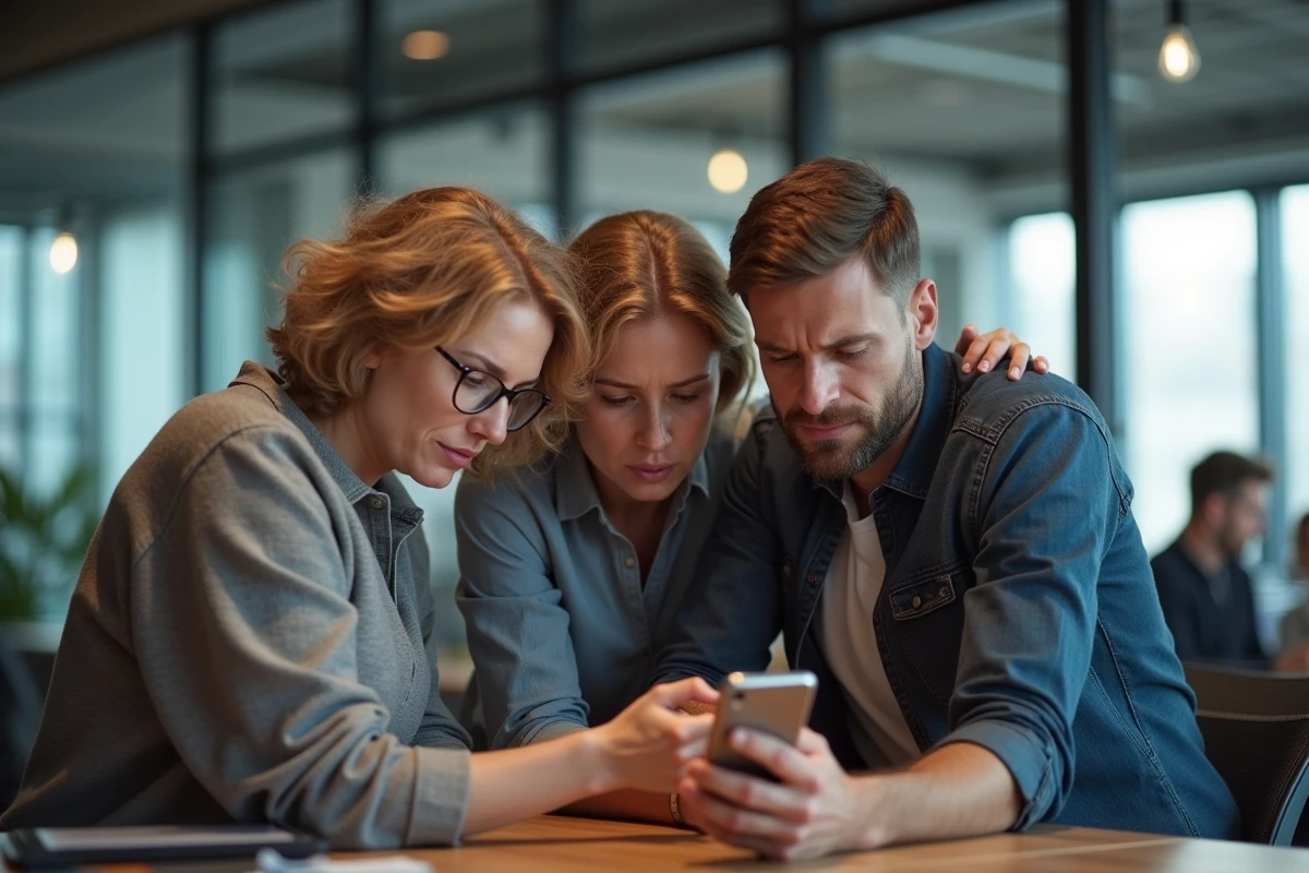 Trois collègues réagissant à une information sur un smartphone dans un bureau moderne, symbolisant la propagation des rumeurs et du complotisme