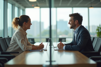 Deux collègues souriants dans un bureau moderne avec barrière de séparation