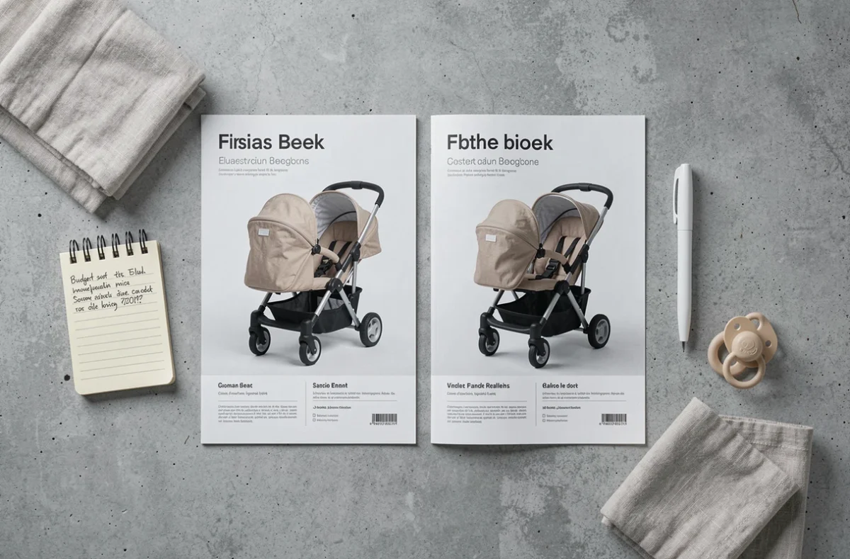 Vue de dessus d'une comparaison de brochures de poussettes avec notes de budget et accessoires bébé sur béton gris
