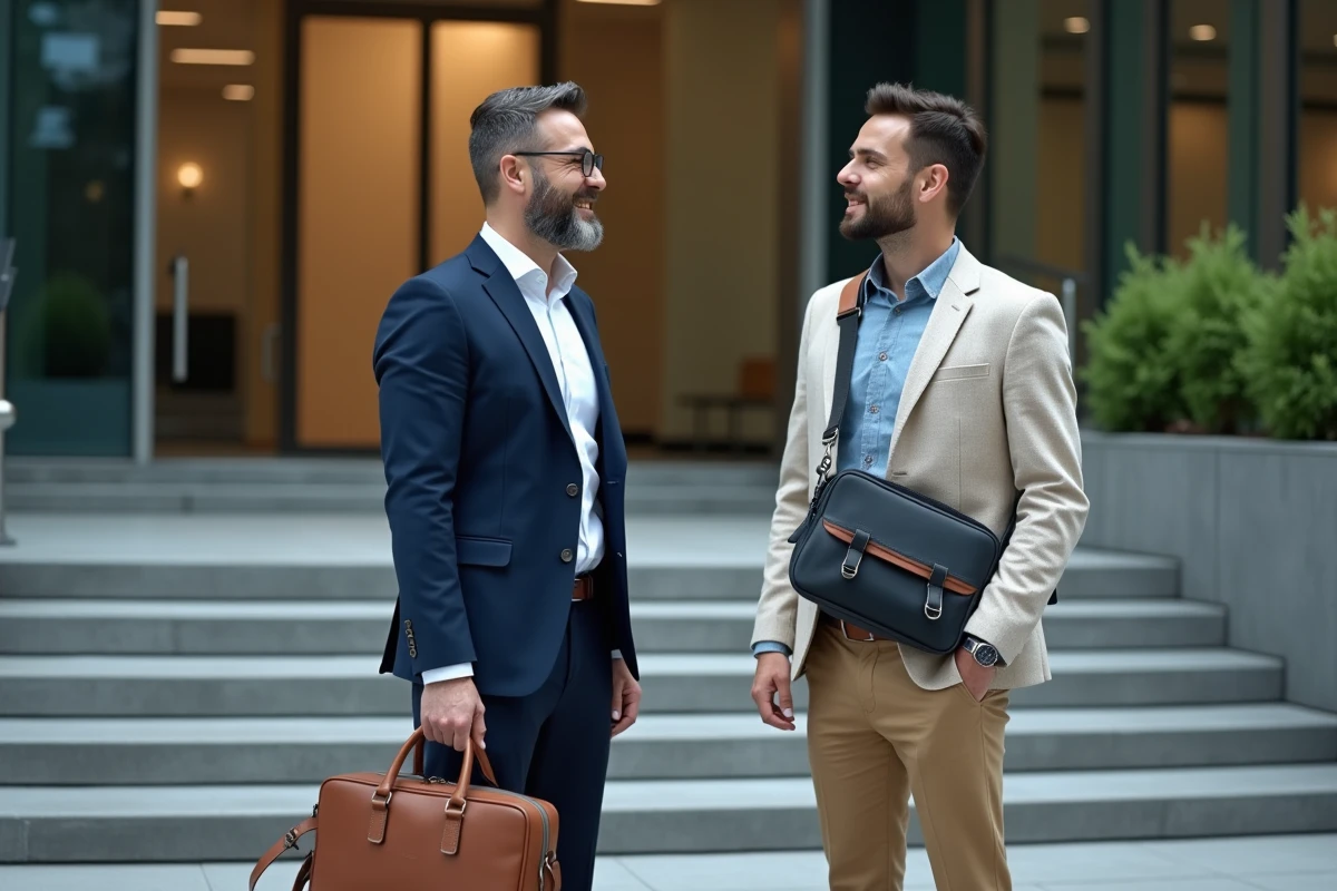 Comparaison entre un salarié et un autoentrepreneur discutant de leurs droits au congé paternité devant un immeuble de bureaux