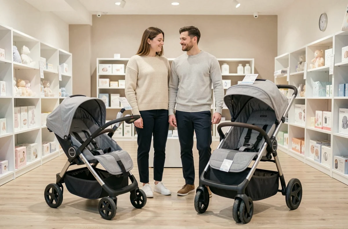 Couple comparant une poussette trois en un et un duo classique dans un magasin de puériculture moderne