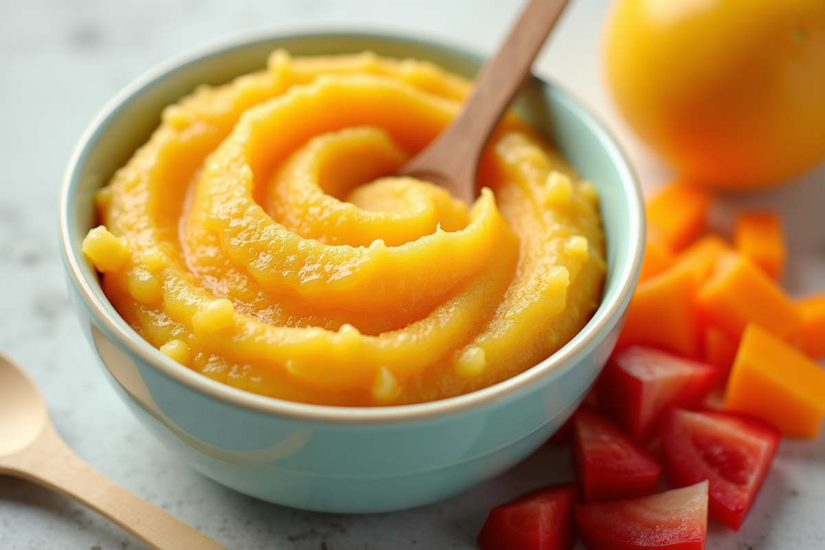 Bol de purée maison avec fruits et légumes coupés en face