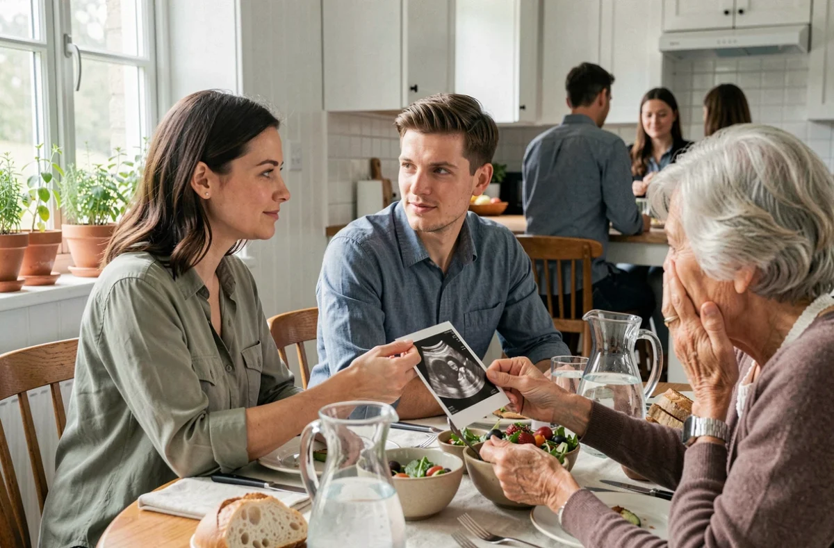 Couple partageant une échographie avec une grand-mère émue lors d'un déjeuner familial du dimanche