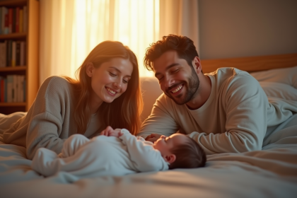 Jeune couple regardant leur bébé endormi au matin